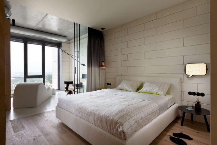 design degli interni di una camera da letto abbinata a una loggia