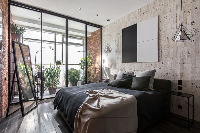 design degli interni di una camera da letto abbinata a una loggia