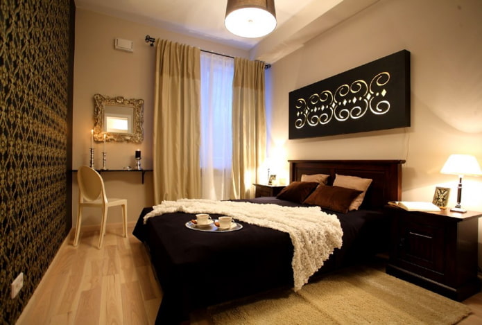 interno camera da letto nera e beige