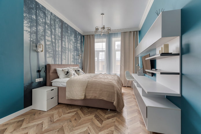 interno della camera da letto beige e turchese