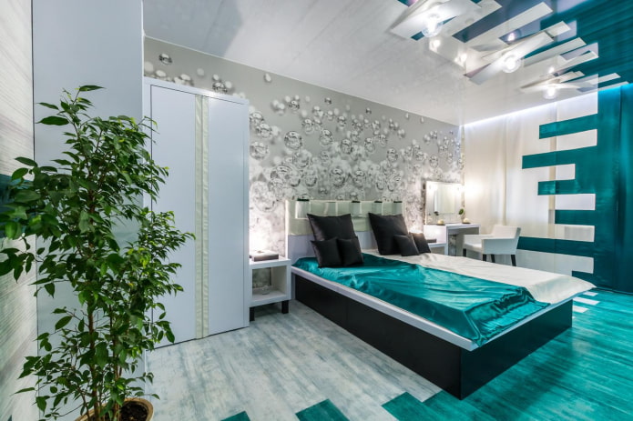 interno di una camera da letto bianca e turchese