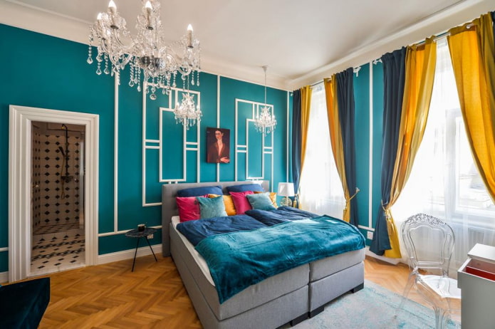 tessuti e decorazioni nella camera da letto turchese