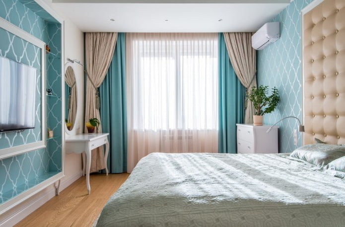 interni camera da letto beige e blu