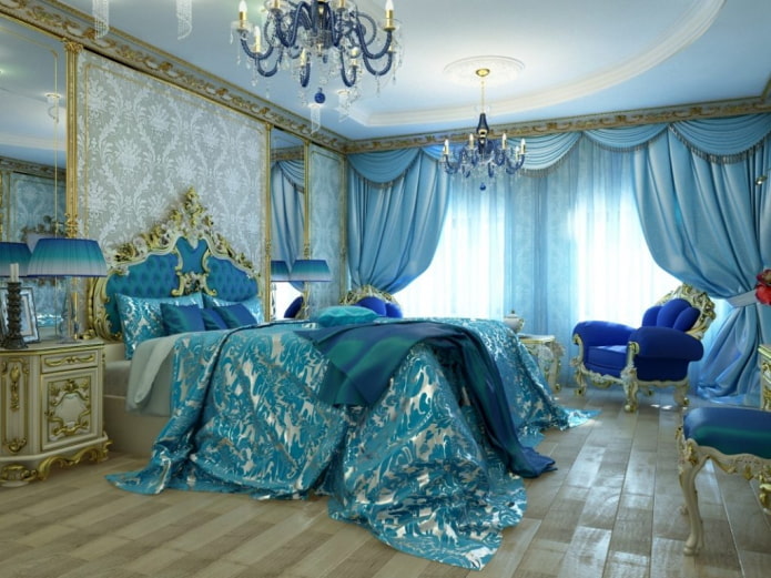 interno della camera da letto nelle tonalità dell'oro e del blu