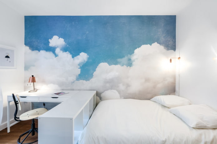 interno camera da letto bianca e blu