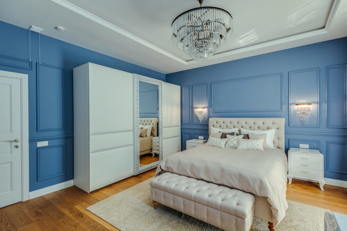 mobili all'interno di una camera da letto blu