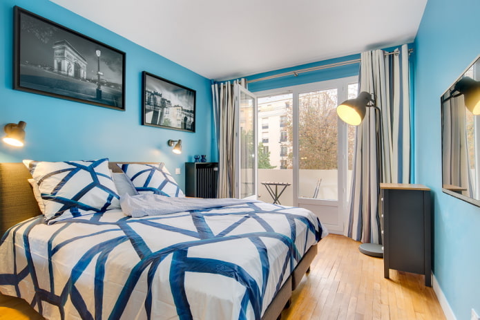 design degli interni di una camera da letto blu