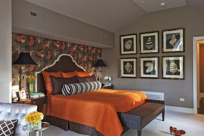 interno della camera da letto marrone con accenti luminosi