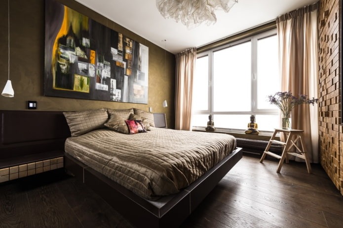 decorazione e illuminazione all'interno di una camera da letto marrone