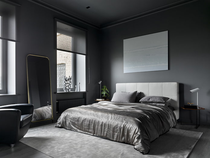 design degli interni della camera da letto grigia