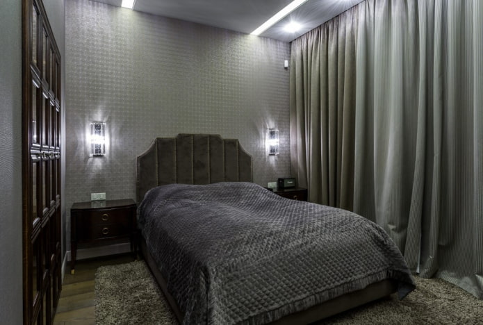 design degli interni della camera da letto grigia