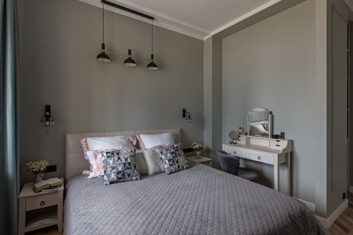 design degli interni della camera da letto grigia