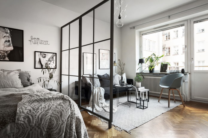 Design camera da letto-soggiorno in stile scandinavo