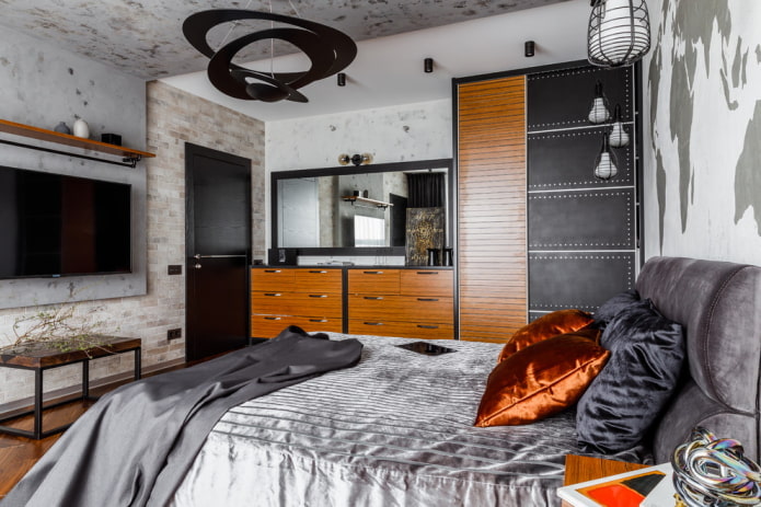 mobili all'interno di una camera da letto in stile industriale