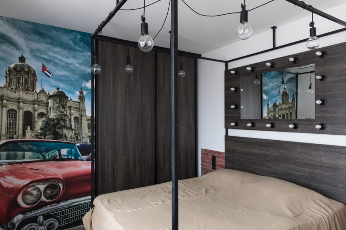 design di una piccola camera da letto in stile industriale