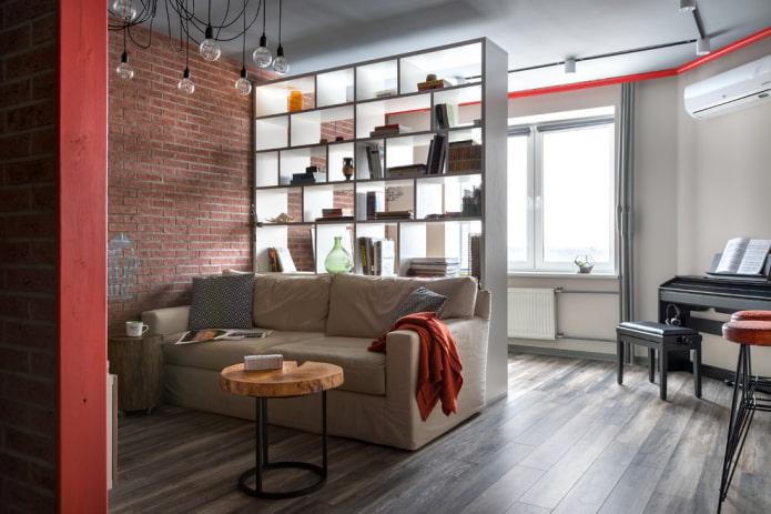 divisorio a forma di scaffale per interni in stile loft