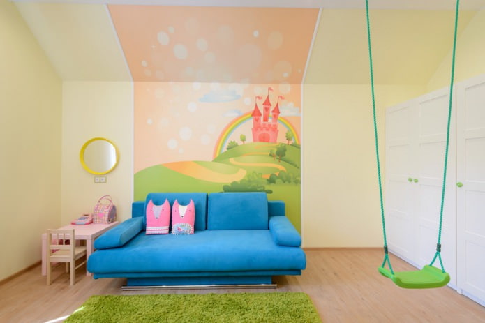 interno della cameretta di una bambina con carta da parati fotografica