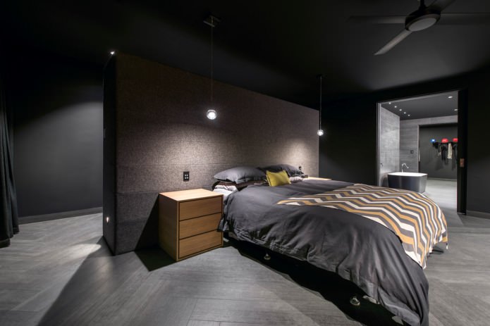 camera da letto con pavimento e pareti scuri
