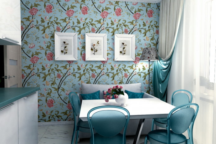 pareti blu nell'interno della cucina
