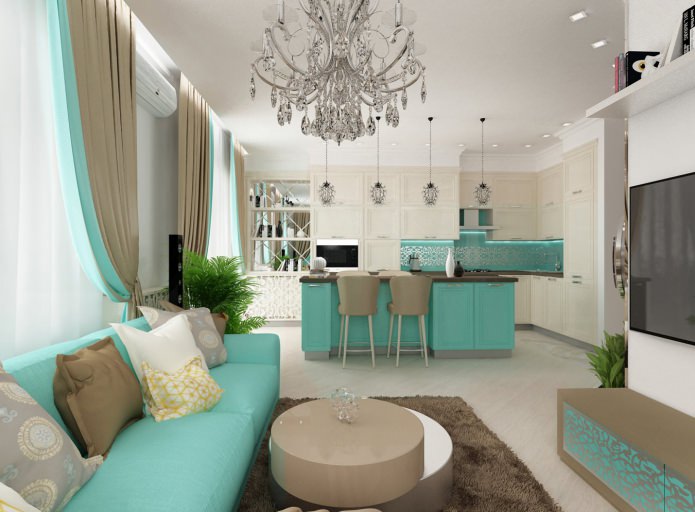 Colore Tiffany negli interni di un monolocale