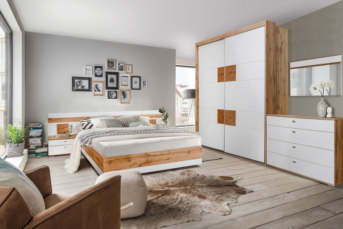 completo da camera da letto in legno con bianco lucido