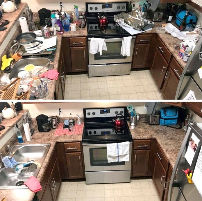 Cucina a U prima e dopo la pulizia