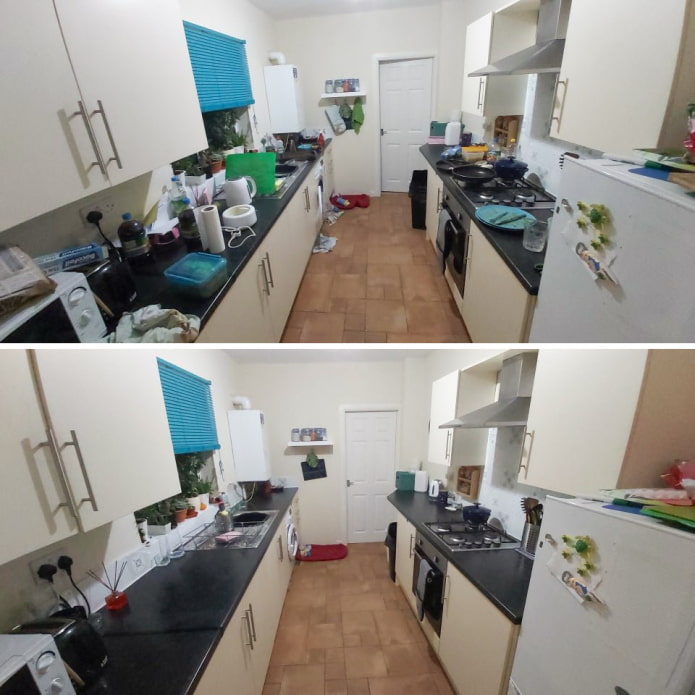 Cucina prima e dopo la pulizia