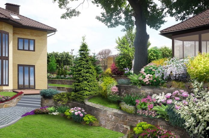 giardino fiorito a più livelli vicino a una casa di campagna