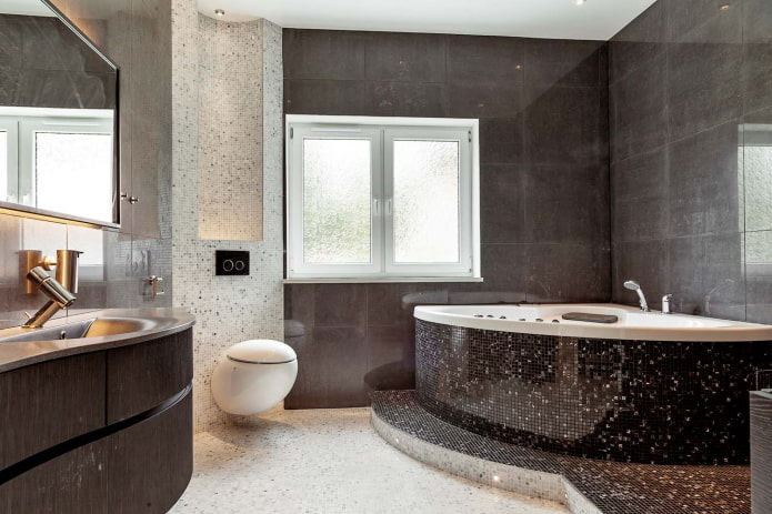vasca da bagno angolare doppia, rifinita con mosaici