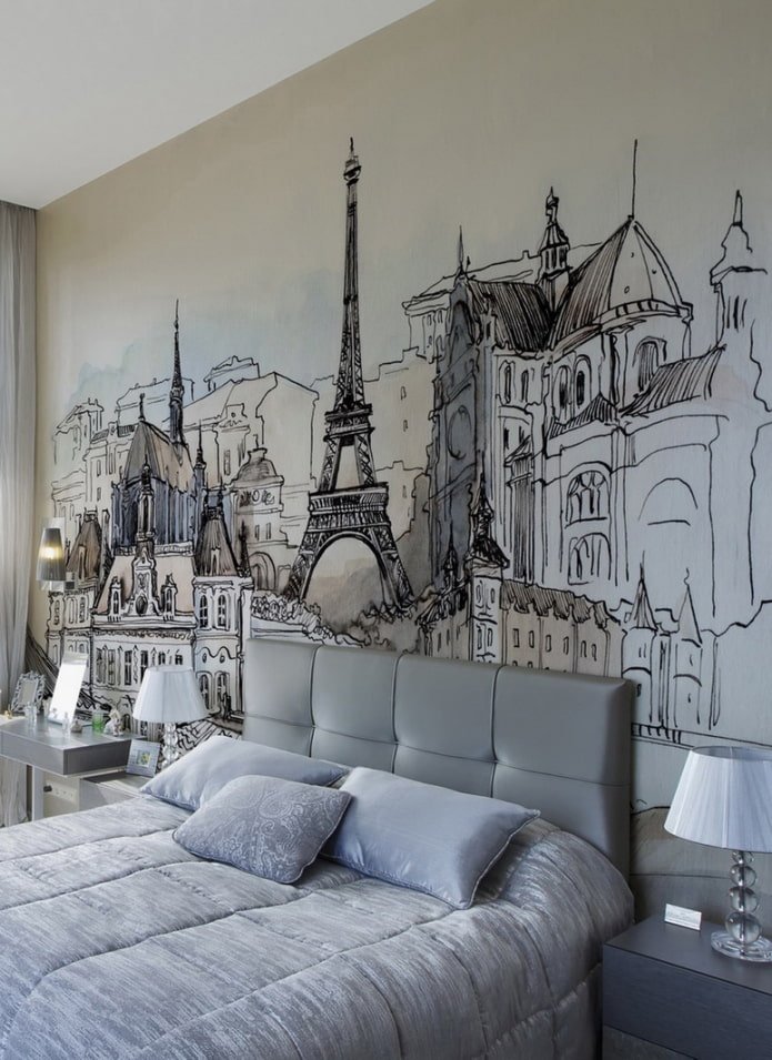 Pittura murale a tema parigino in camera da letto