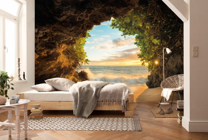 Carta da parati fotografica con un paesaggio marino in camera da letto