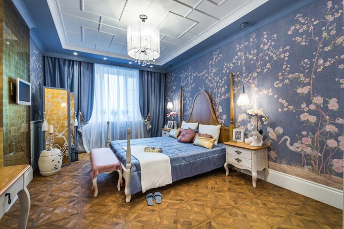 carta da parati blu in camera da letto
