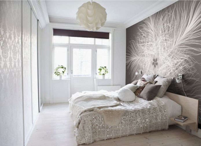 design della camera da letto con carta da parati fotografica grigia