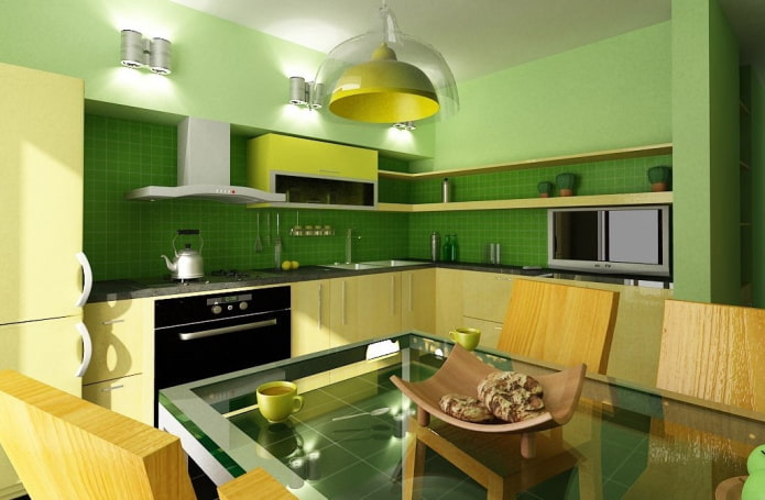 interno della cucina nei toni del giallo-verde