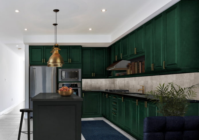 design della cucina nei toni del verde scuro