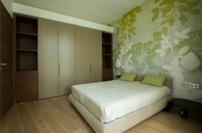 combinazione di colori all'interno della camera da letto in toni verdi