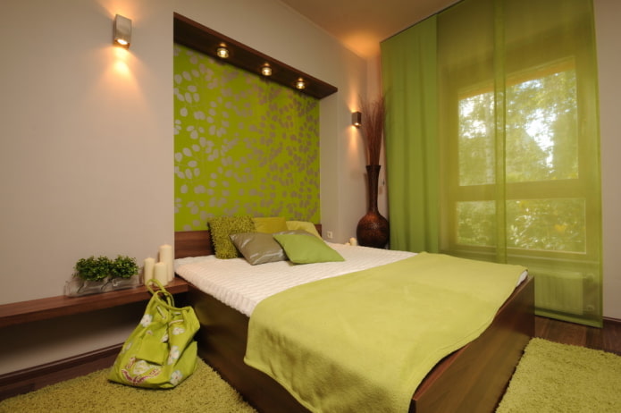 combinazione di colori all'interno della camera da letto nei toni del verde