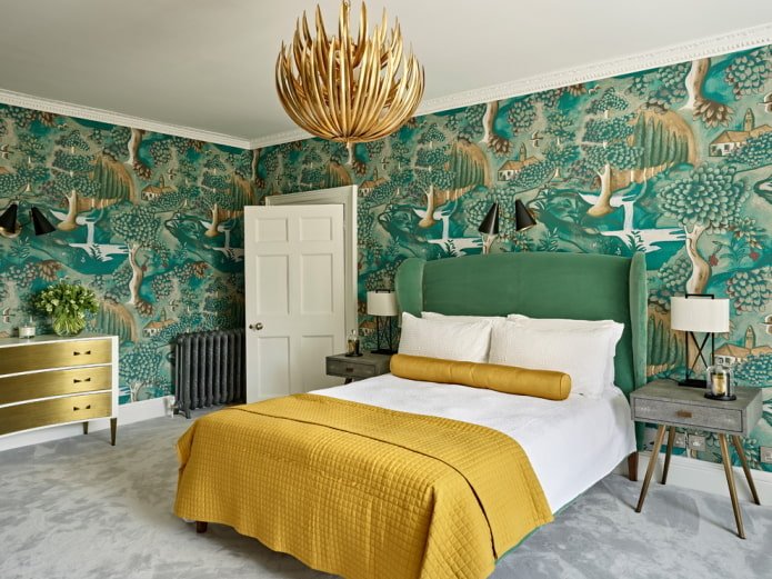 decorazione della camera da letto nei toni del verde