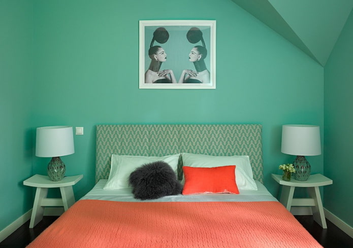 interno della camera da letto in tonalità menta