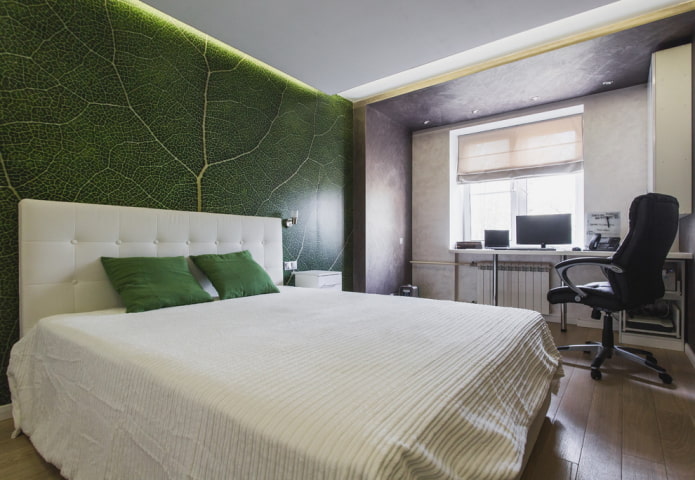 combinazione di colori all'interno della camera da letto nei toni del verde