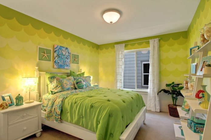 combinazione di colori all'interno della camera da letto nei toni del verde