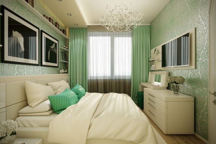 combinazione di colori all'interno della camera da letto nei toni del verde