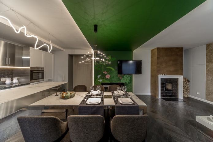 struttura del soffitto bianco e verde in cucina