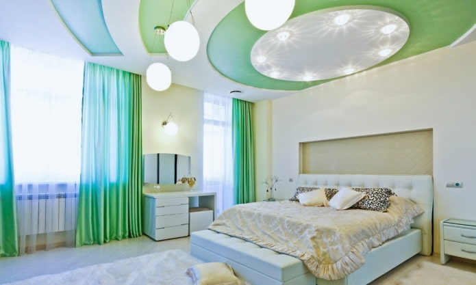 design del soffitto bianco e verde in camera da letto