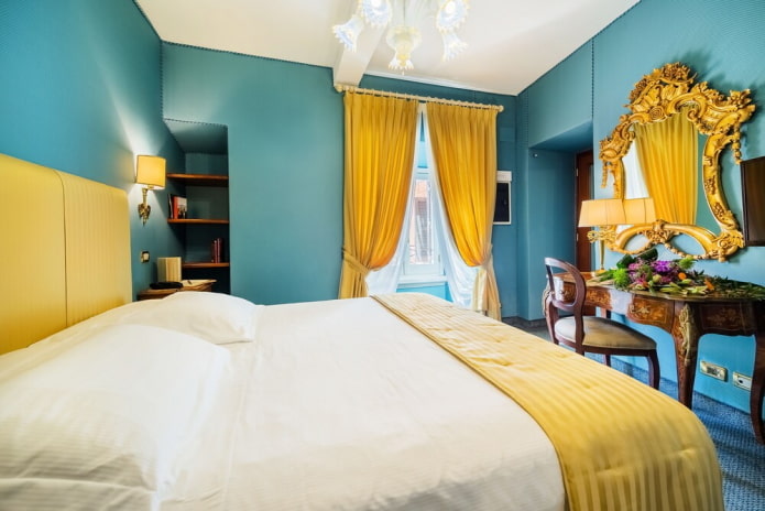 combinazione di colori nell'interno della camera da letto
