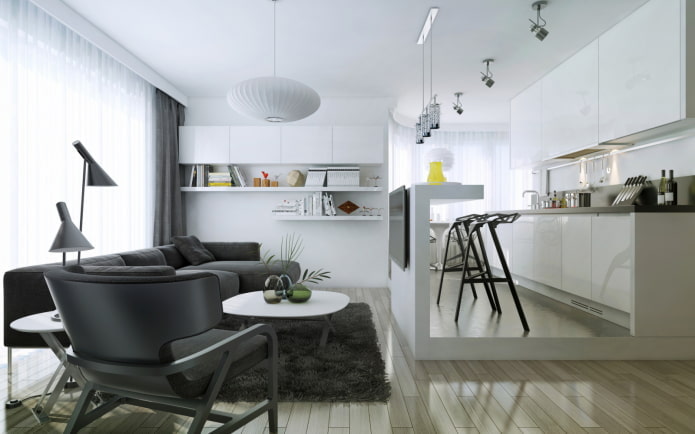 zonizzazione con strutture a più livelli all'interno della cucina-soggiorno