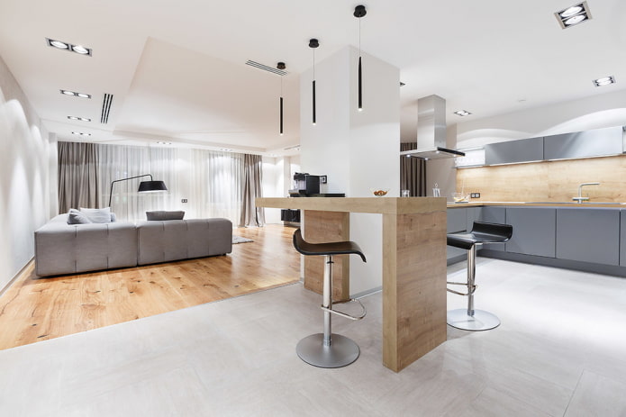 suddivisione in zone con materiali di finitura all'interno della cucina-soggiorno